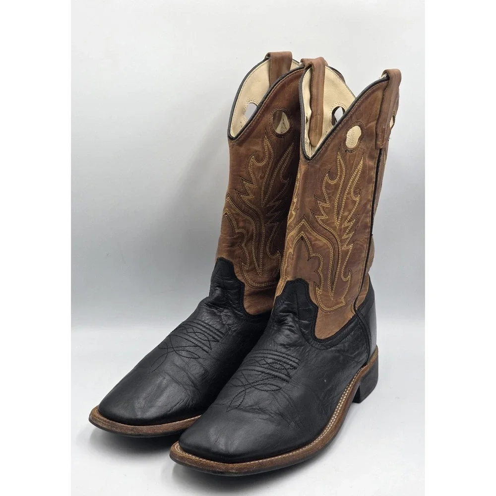 Old West BSY1810 Youth Western Boots Black Tan Calf Leather Square Toe Sz 7